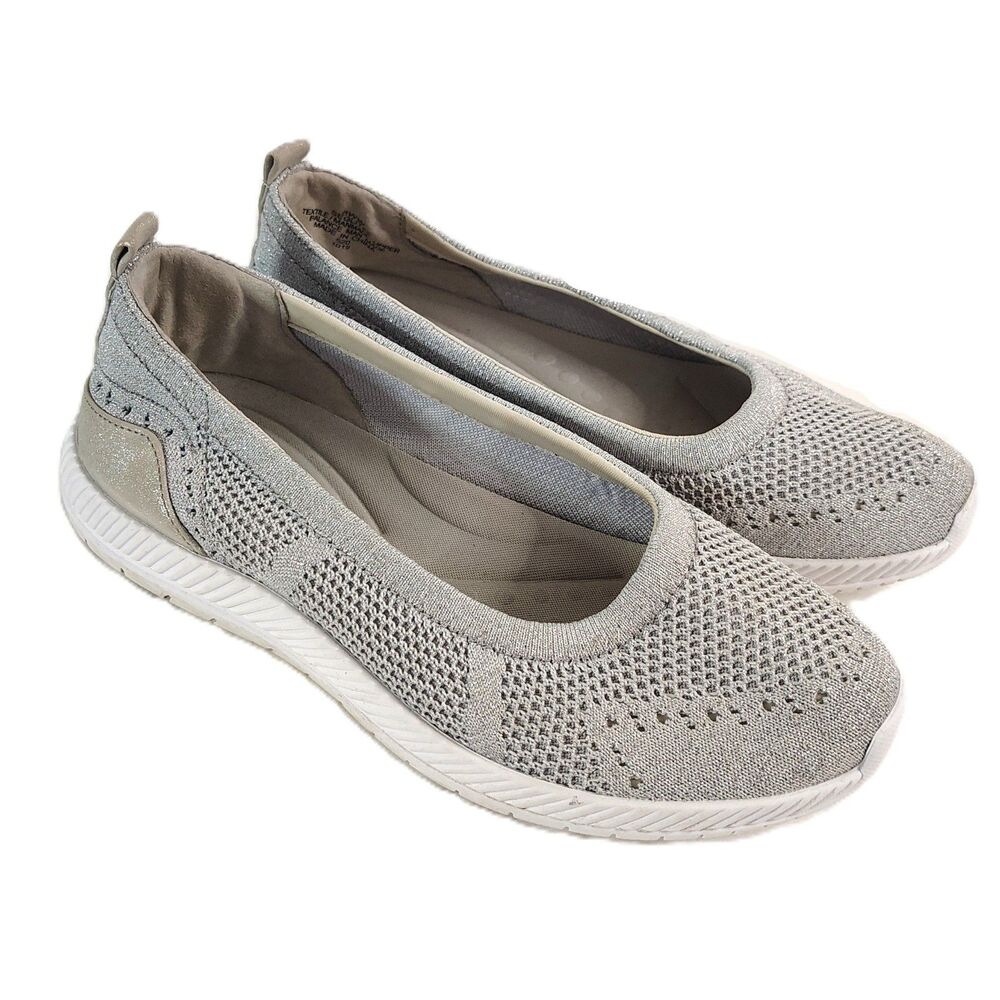 EASY SPIRIT Glitz 2 Silver Slip On Walking Shoes 8WW Women's Comfort Flat